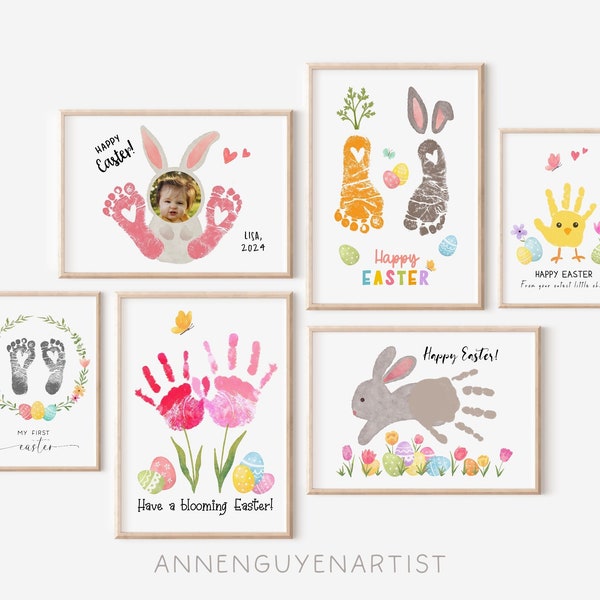 12 Ostern Handabdruck Kunst Fußabdruck Frühlingsstrauß Ostereier Hase DIY printable Handwerk Kinder Kinder Baby Kleinkind Kindergarten Klassenzimmer Aktivität