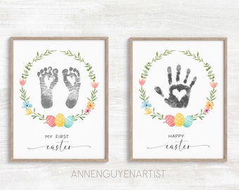 Easter handprint art footprint Easter Wreath Spring floral DIY gift keepsake craft activity kids children toddler baby preschool daycare