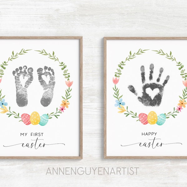 Easter handprint art footprint Easter Wreath Spring floral DIY gift keepsake craft activity kids children toddler baby preschool daycare