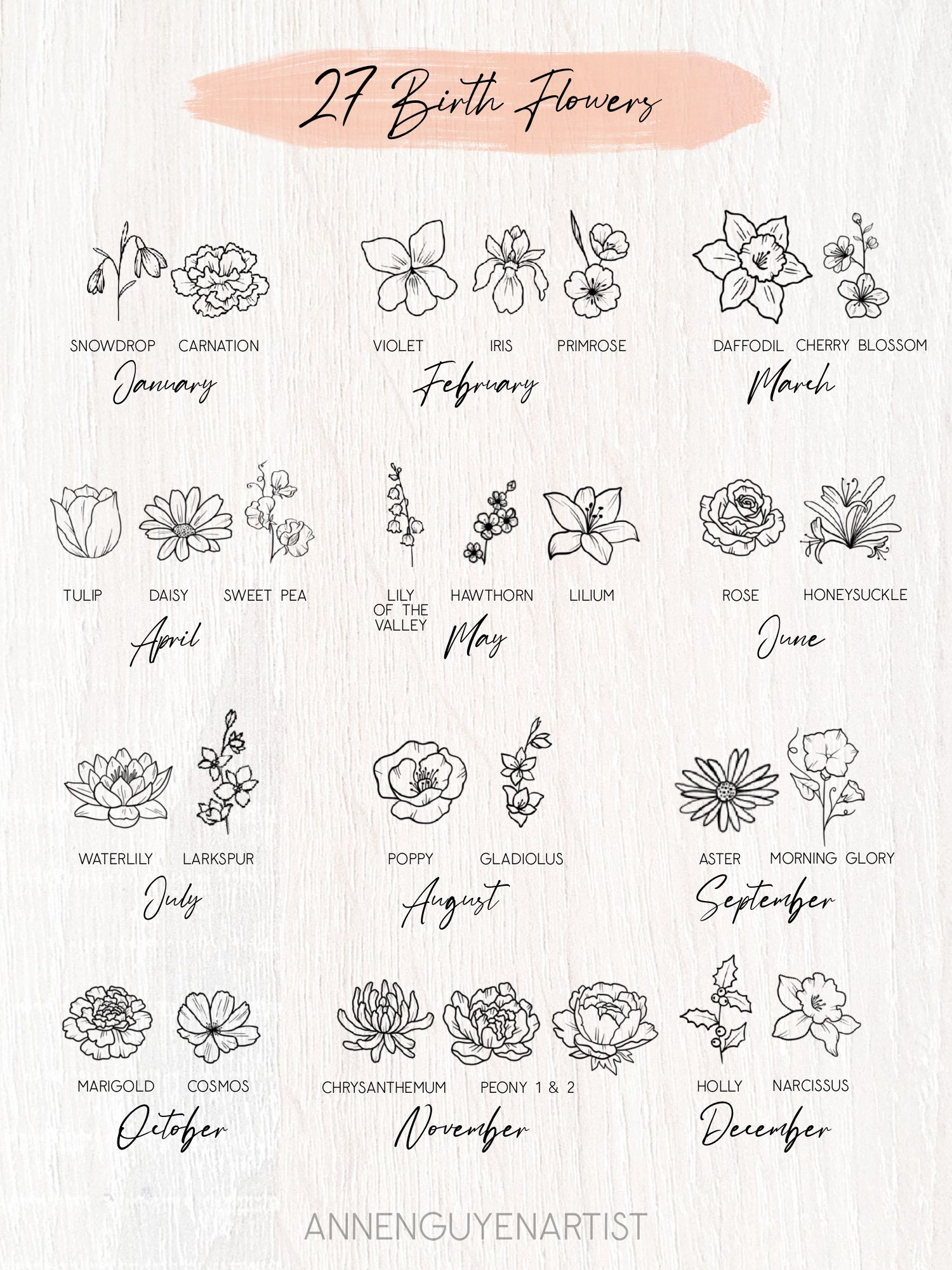 Custom Birth Flower Tattoo With Name Design 2 Floral Bouquet Etsy UK