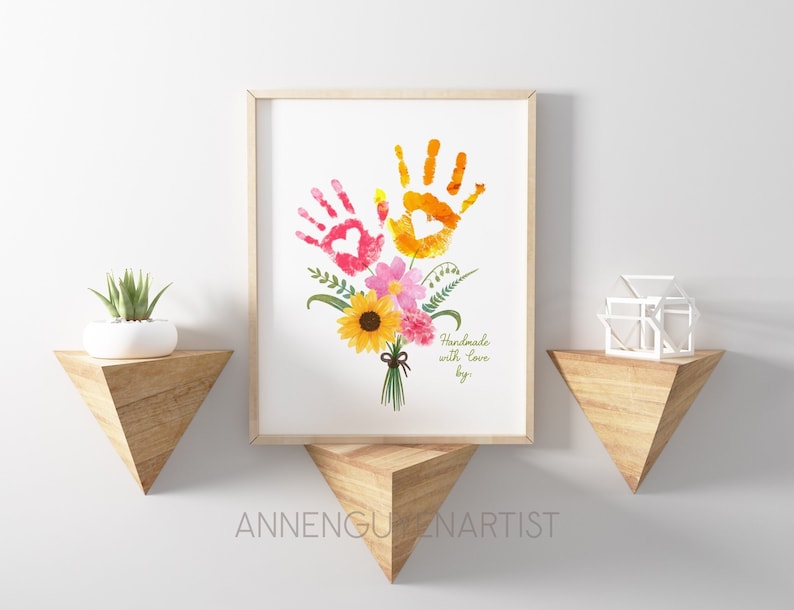 Muttertag Handwerk Handabdruck Kunst Geburtstag Aktivität Blumenstrauß Oma Blume DIY Kinder Kleinkind Baby druckbares Andenken Bild 1