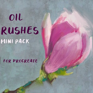 Puede incluir: Una ilustración digital de un capullo de flor rosa con hojas verdes, sobre un fondo azul. El texto "OIL BRUSHES MINI PACK FOR PROCREATE" se muestra en la imagen.