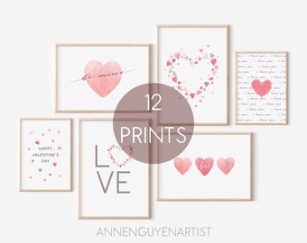 Valentine's Day prints printable pastel pink grey Valentines romantic hearts gallery wall art decor Bundle Set of 12 digital download
