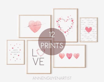 Valentine's Day prints printable pastel pink grey Valentines romantic hearts gallery wall art decor Bundle Set of 12 digital download