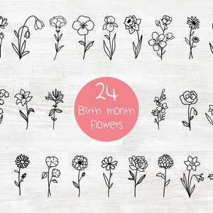 24 Mes de nacimiento flores svg paquete tatuaje mínimo flor silvestre svg flores silvestres flor svg png rosa amapola cricut boda cumpleaños botánico png