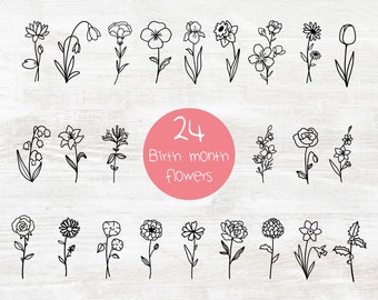 24 Birth month flowers svg bundle tattoo minimal wildflower svg wildflowers flower svg png rose poppy cricut wedding birthday botanical png