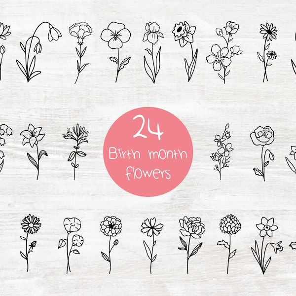 24 Birth month flowers svg bundle tattoo minimal wildflower svg wildflowers flower svg png rose poppy cricut wedding birthday botanical png