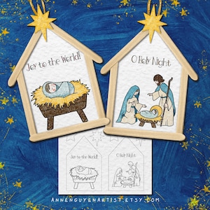 Nativité, artisanat popsicle, Noël chrétien, carte-cadeau à colorier, fête de l'enfant Jésus, activité religieuse de Noël, école du dimanche, Bible à imprimer