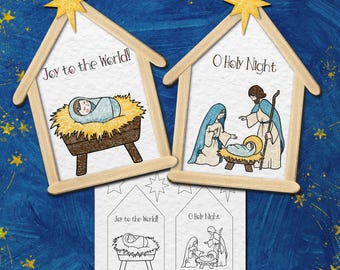 Könnte beinhalten: Zwei druckbare Weihnachtsbaumschmuckvorlagen mit der Darstellung der Geburt Christi. Eine Vorlage ist farbig und sagt "Joy to the World!" Die andere Vorlage ist schwarzweiß und sagt "O Holy Night".