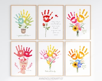 Mother's Day printable Set of 6 Bouquets handprint art grandma mom birthday DIY craft kids children baby toddler daycare classroom activity