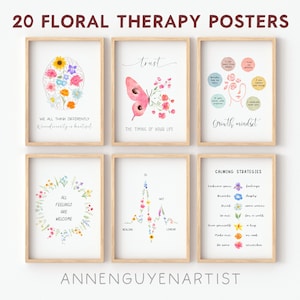 20 plakatów do gabinetu terapeutycznego, kwiatowy spokój, uspokajający kącik, terapeuta, doradztwo, zdrowie psychiczne, dzieci, szkoła, psycholog, sztuka ścienna do wydrukowania