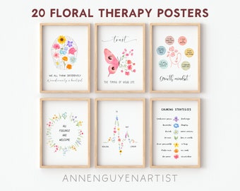 Puede incluir: Conjunto de 20 pósters de terapia floral con ilustraciones de acuarela y citas inspiradoras. Los pósters presentan mariposas, flores y corazones. Las citas incluyen "Todos pensamos diferente", "Confía en el ritmo de tu vida", "Mentalidad de crecimiento", "Todos los sentimientos son bienvenidos" y "Estrategias para calmarse".