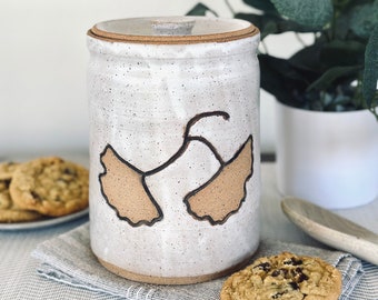 Stoneware Speckled White Ginkgo Cookie Jar / White Ceramic Jar/ Jar for Kitchen Essentials / Pottery Gift / Ginkgo Pottery Jar  /IN STOCK