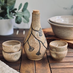 Handmade Sake Set with Ginkgo Carvings / Handmade Sake Set/ Ceramic Serving Set / IN STOCK