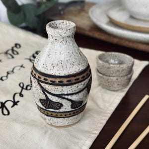 Handmade Sake Set with Ginkgo Carvings/ Handmade Sake Set/ Ceramic Serving Set / IN STOCK