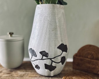 White Ceramic Flower Vase / Stoneware White Ginkgo Vase /Handmade White Ceramic Vase / Unique Pottery Gift