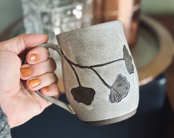 Gray Ginkgo 12 oz Mug /  Handmade Pottery Mug / Gift For Tea & Coffee Lovers IN STOCK