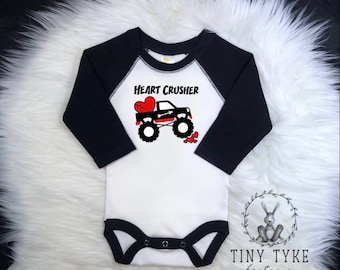 Heart Crusher Bodysuit, Valentines Day Onesie®, Valentines Bodysuit, Monster Truck, Boy Valentines Onesie®, Valentines Gift, first valentine