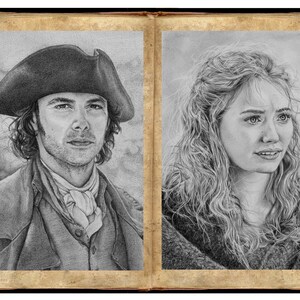 May include: A pencil drawing of two people, a man and a woman, presented as a diptych within a book. The man wears a tricorn hat and a cravat. The woman has long, wavy hair. The artwork is in grayscale.