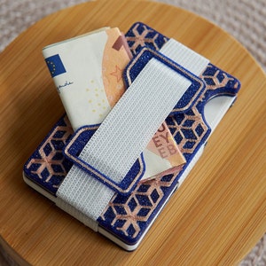 Cartera con tarjetero azul intenso y brillante, diseño elegante y delgado con cinturón para dinero, elegante accesorio de moda para mujer, tarjetero ligero