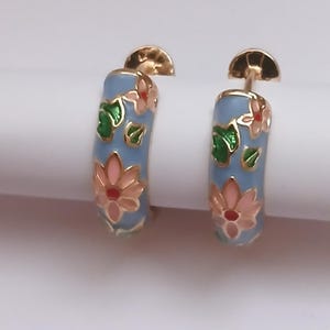 Beautiful handmade blue floral earrings enamel Hoop Earrings with gold plated (suitable for sensitive skin)