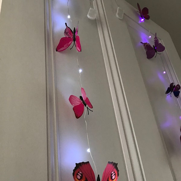 Fée papillons roses extra longs lumières magnétiques led, guirlande de lumières papillon, 30 lumières led