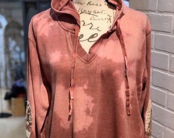 Coral Tie Dyed Hoodie with Vintage Quilt Elbow Patches