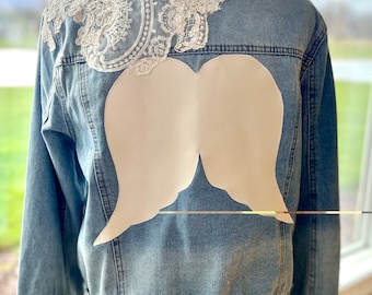 Denim Jacket With Vintage Lace and Angel Wings, Women’s XL, Vegan Leather