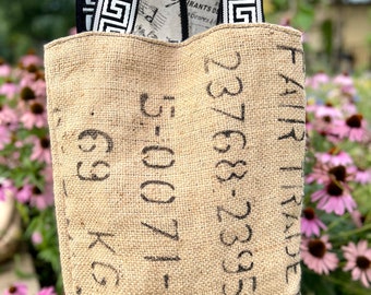 Coffee Sack Tote Bag, Navy Sailboat Lining - Upcycled Burlap
