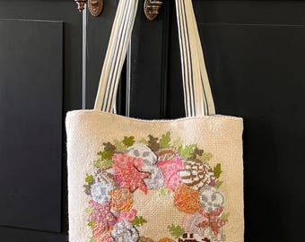Needlepoint Tote Bag, Coastal Scene, Nautical Beach Bag, Vintage Drapery Lining