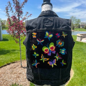Children’s Repurposed Black Denim Vest with Butterfly Embroidery