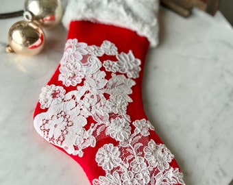 Felted Wool Christmas Stocking with Vintage Wedding Lace