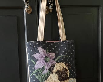 Needlepoint Tote Bag, Pug Bag, Handmade Bag, One of a Kind Bag, Repurposed Bag