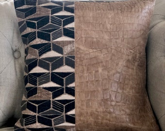 Geometric Pattern with Leather Pillow Cover