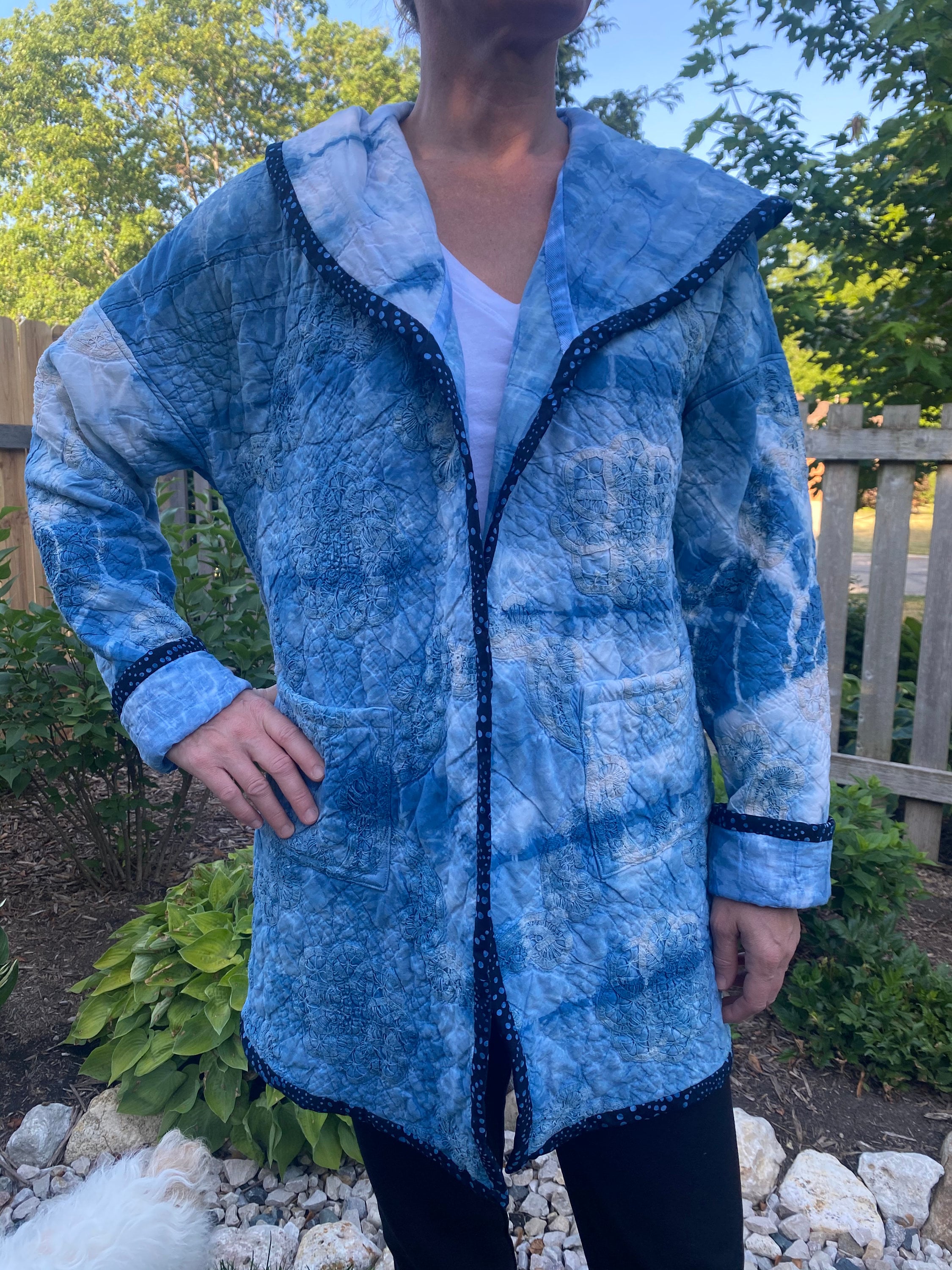 Indigo Tie Dyed Quilted Jacket, Quilted Jacket With Hood