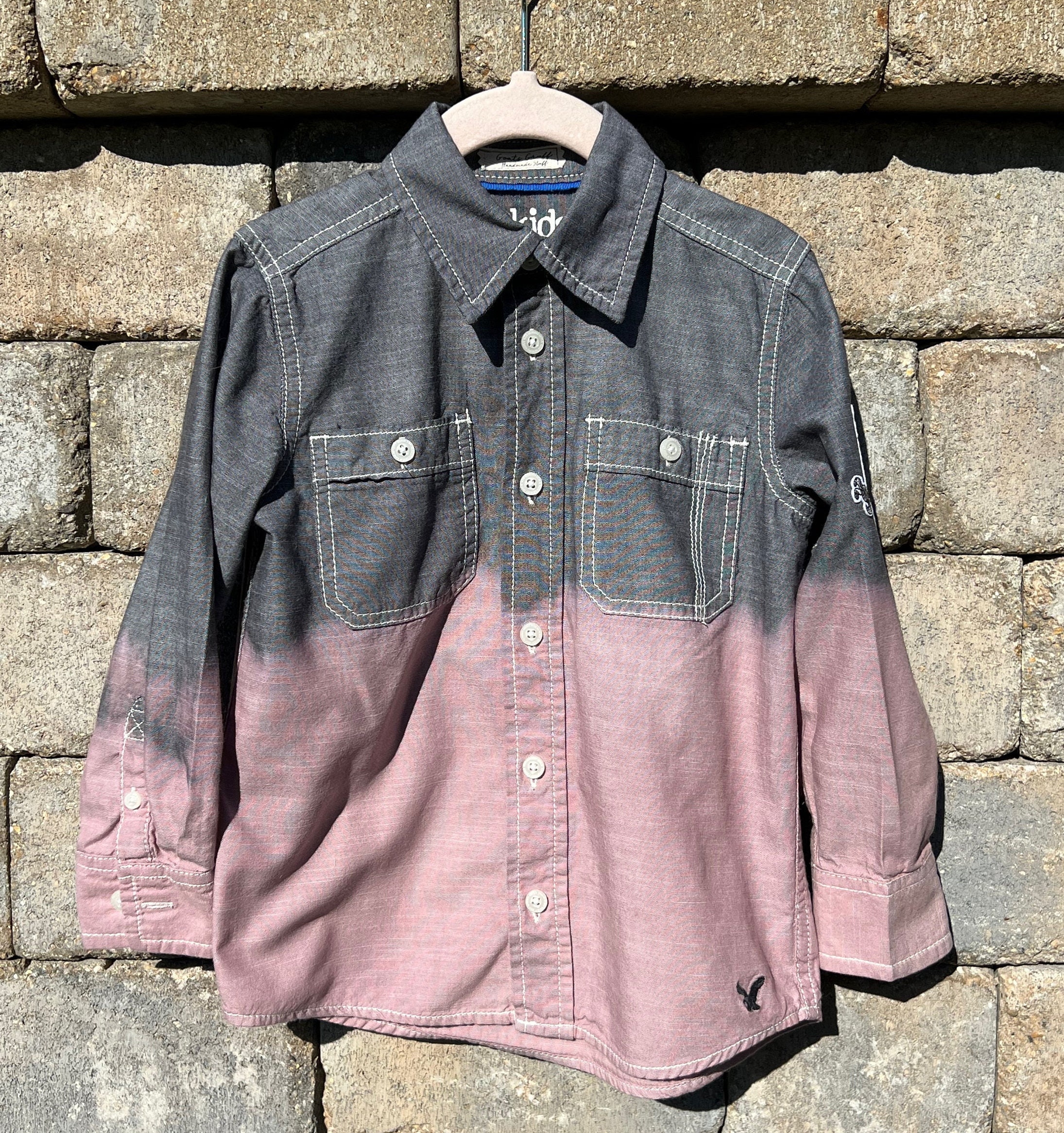 Boys Chambray Button-Down Shirt, Reverse Tie-Dye, Dragon-Tiger Patch
