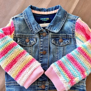 Toddler Denim Jacket with Afghan Sleeves/Girl&#39;s Denim Jacket/Upcycled Child&#39;s Jacket