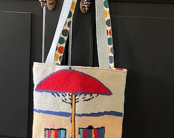 Needlepoint Beach Scene Tote Bag, Repurposed Denim, Handmade One-of-a-Kind Bag