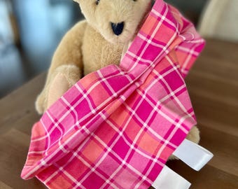 Pink Plaid Baby Cuddle Cloth Blanket with Tactile Ribbons