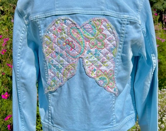Repurposed Denim Jacket: Quilted Angel Wings, Women's Medium