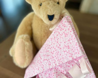 Pink Star Flannel Baby Blanket with Blush Ribbon Tags