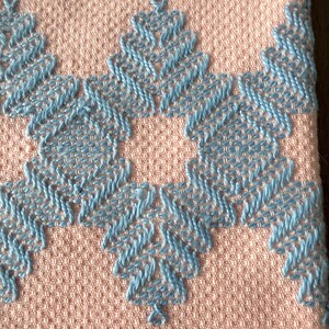 Può includere: Un tessuto rosa chiaro caratterizzato da una trama a nido d'ape. Il materiale è decorato con un ricamo in filo azzurro, che crea forme geometriche ripetitive che ricordano motivi floreali o fiocchi di neve stilizzati.