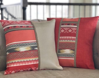 Set of Two Pillow Covers: Orange Aztec Pattern with Leather Accent
