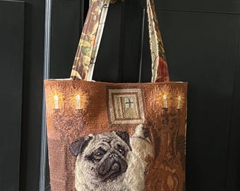 Needlepoint Tote Bag, Pug Bag, Handmade Bag, One of a Kind Bag, Repurposed Bag