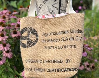 Coffee Sack Tote Bag: Vintage Seaside Fabric, Burlap Grocery Bag