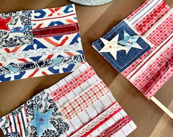 Handmade Fabric Flags, Americana Decor, Set of 3, 4th of July Accent