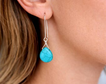 Blue Howlite Teardrop Earrings – Sterling Silver Handmade Hooks, Minimalist Statement