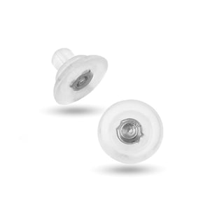 May include: Two clear plastic earring backs with a small metal post in the center.