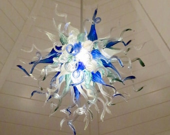 Blown Glass Chandelier / Lighting / Chandelier / Pendant Light / Art Glass Lighting / Venetian / Crystal / Clear, Cobalt, White, & Teal
