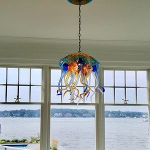 Jellyfish Pendant Light / Chandelier / Lighting / Blown Glass / Pendant Light / Jellyfish / Art Glass Lighting / Amber, Clear & Blue